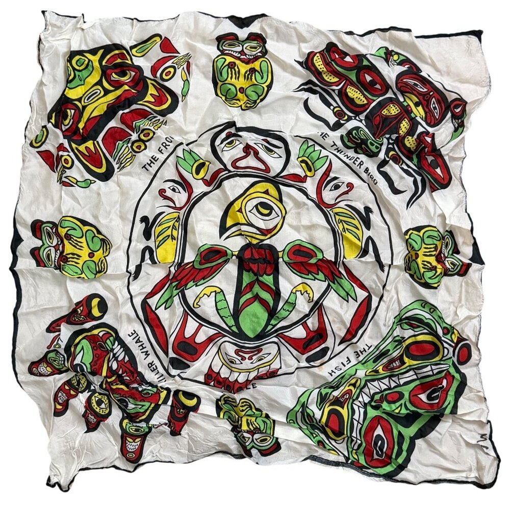 VTG Native Haida Tribal Art Canadian Scarf Thunder Bird Frog Whale Fish